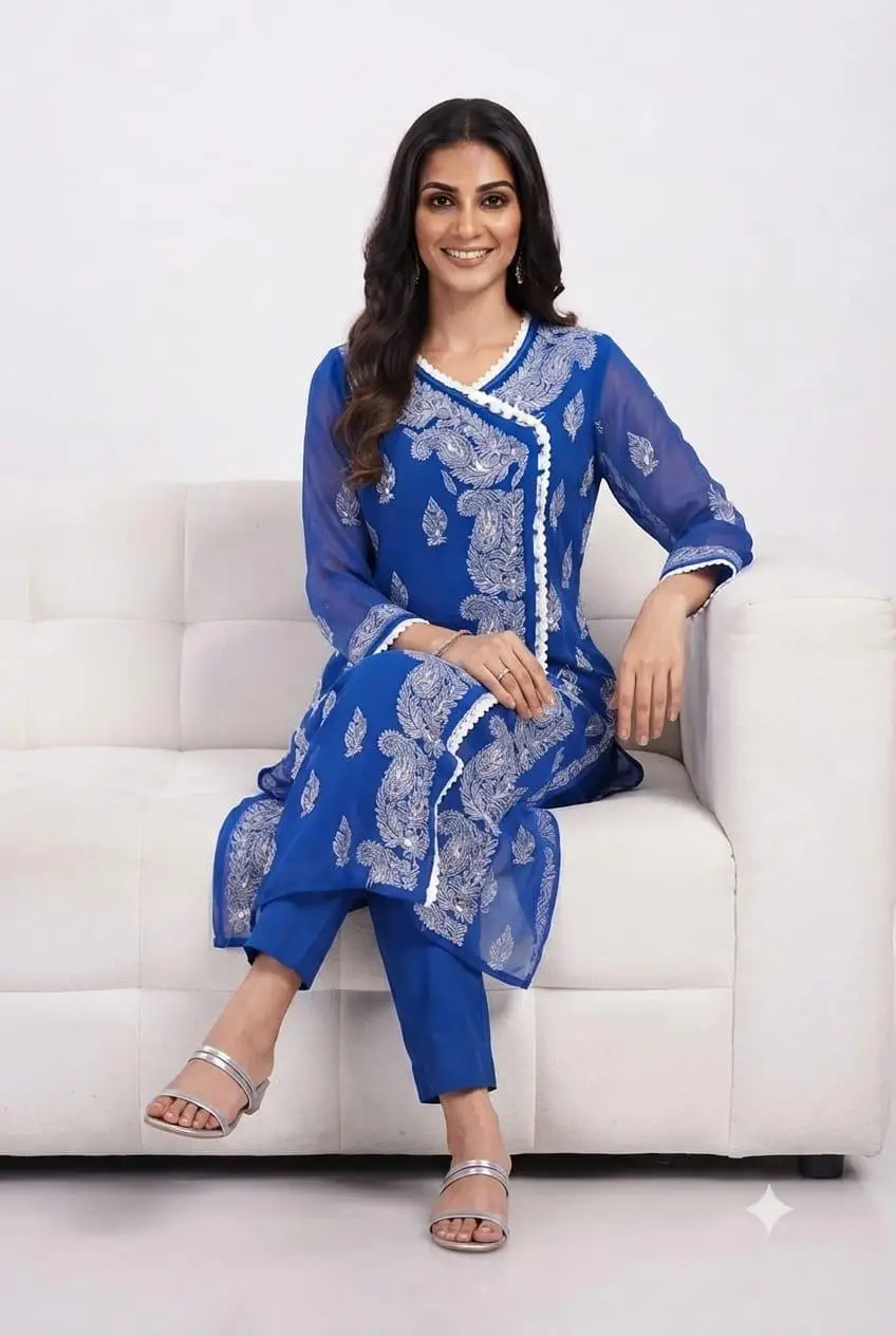 LCF Chikan Embroidered MIRROR WORK ANGRAKHA - ROYAL BLUE view 3