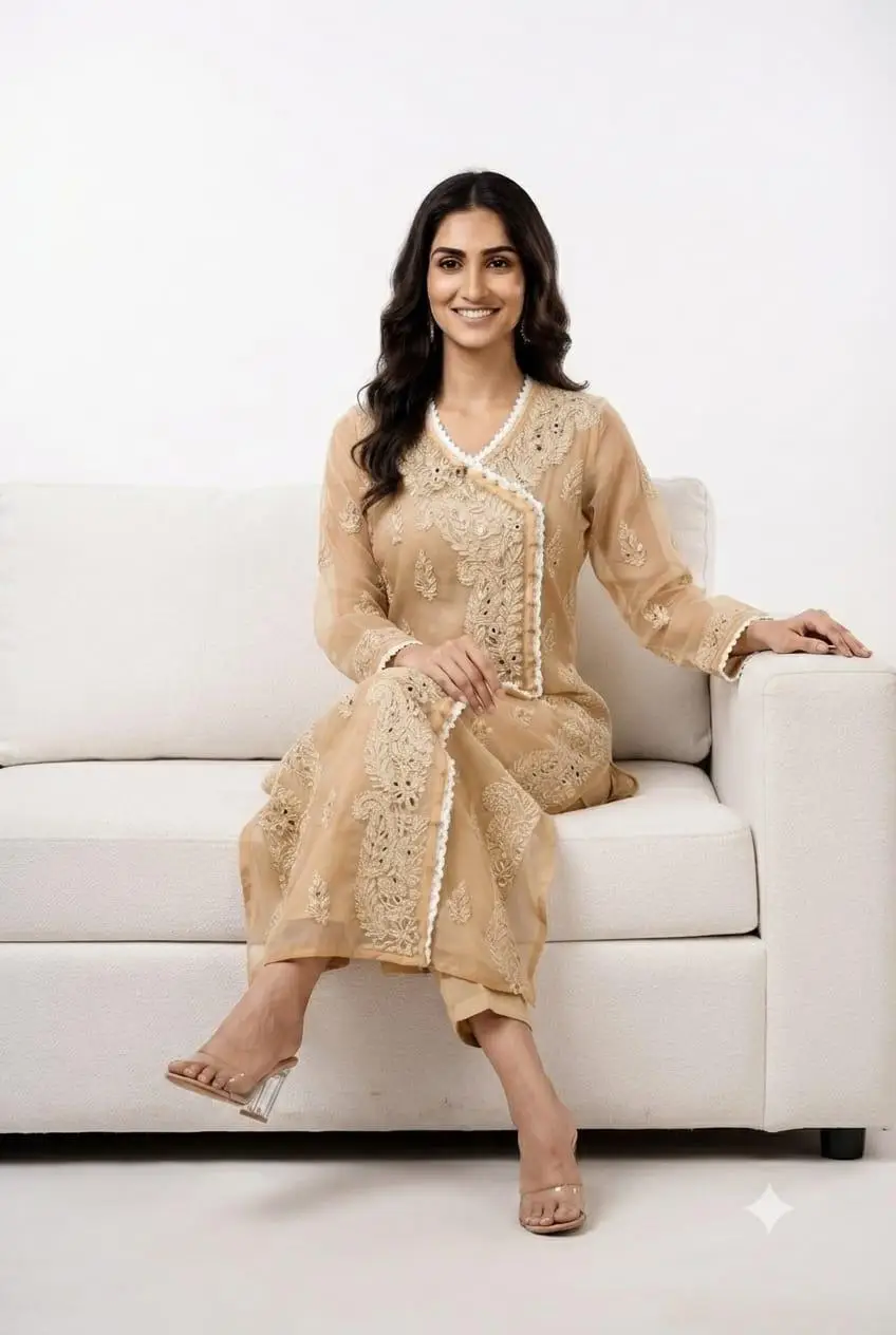 LCF Chikan Embroidered MIRROR WORK ANGRAKHA - BEIGE view 2