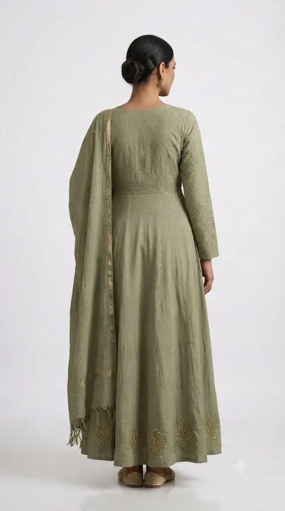 LCF CHIKAN EMBROIDERED MAL CHANDERI GOWN -GREEN view 2
