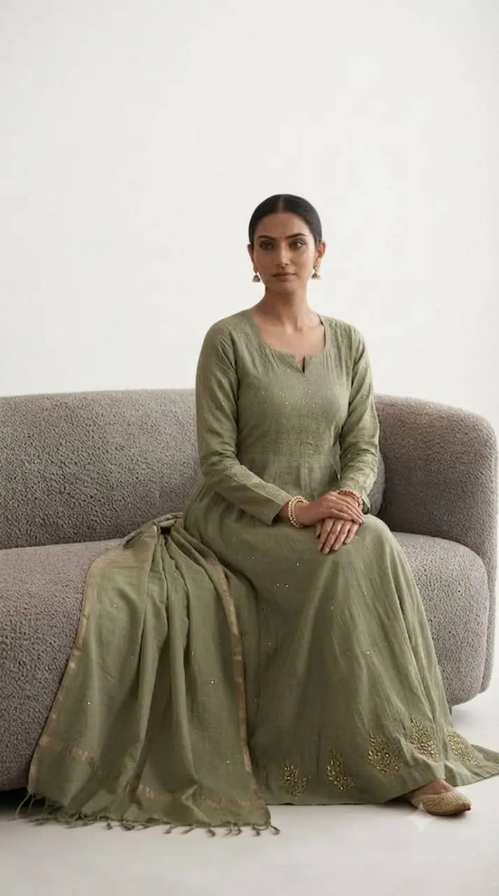 LCF CHIKAN EMBROIDERED MAL CHANDERI GOWN -GREEN view 3