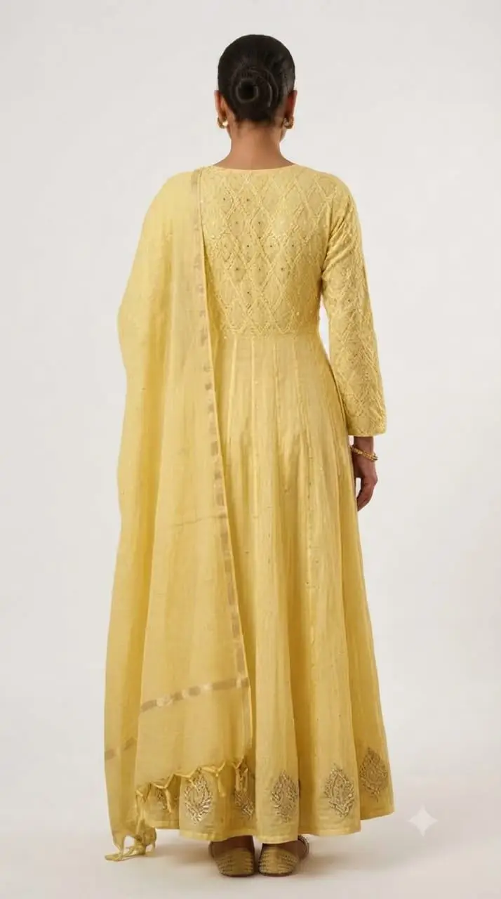 LCF CHIKAN  EMBROIDERED MAL CHANDERI GOWN -YELLOW view 2