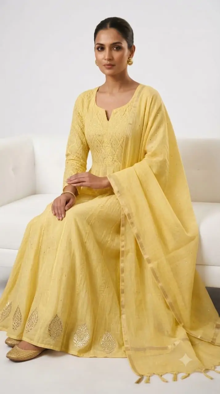 LCF CHIKAN  EMBROIDERED MAL CHANDERI GOWN -YELLOW view 3