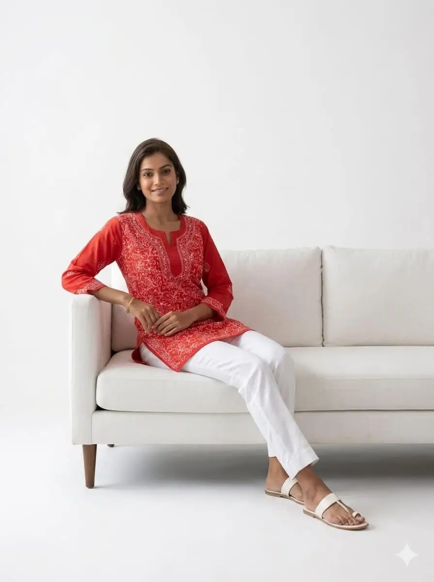 LCF Women's chikan Short Kurti With Fanda Bhakiya Work - Red view 2
