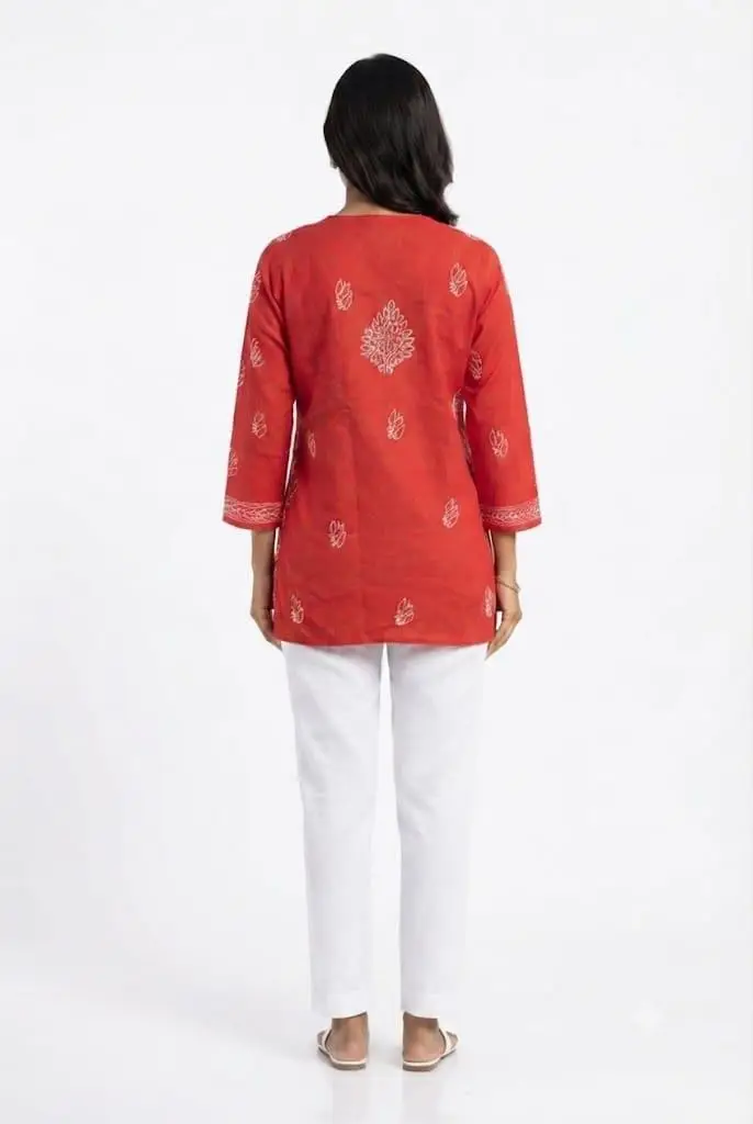 LCF Women's chikan Short Kurti With Fanda Bhakiya Work - Red view 3