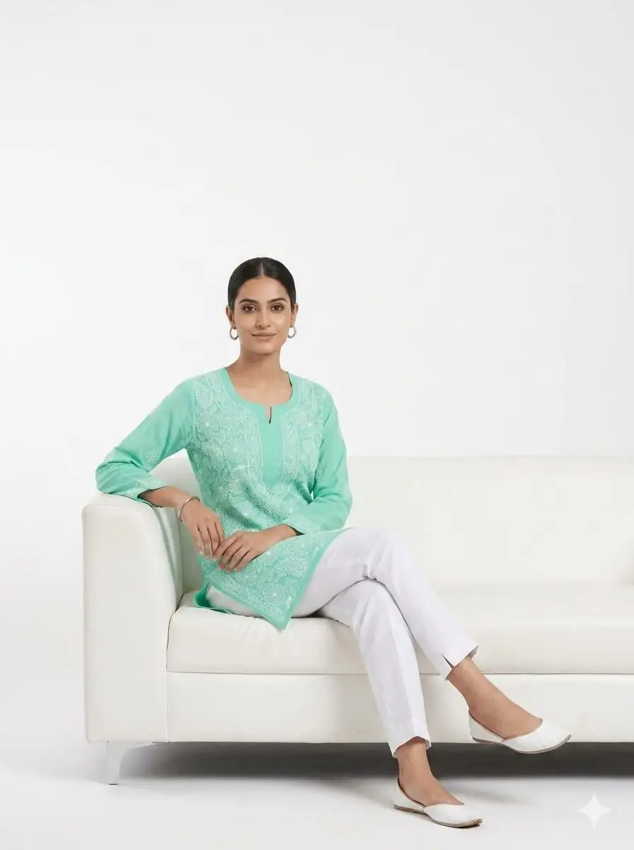 LCF Women's chikan Short Kurti With Fanda Bhakiya Work - Mint Green view 2