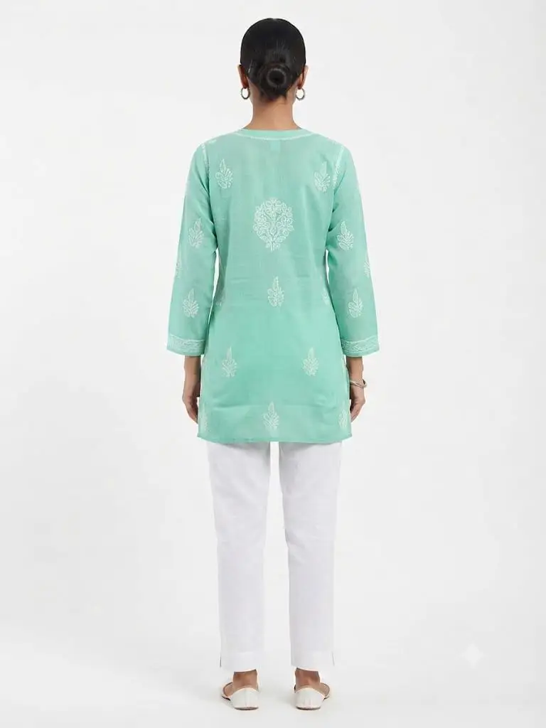 LCF Women's chikan Short Kurti With Fanda Bhakiya Work - Mint Green view 3