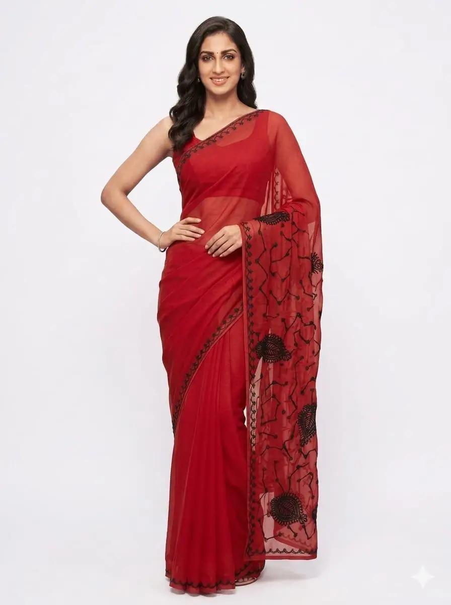 LCF Chikan Embroidered Saree - RED