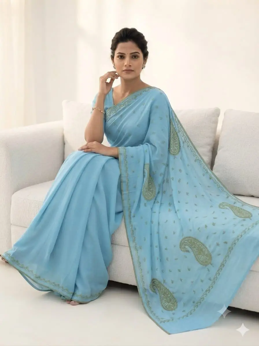 LCF Chikan Colour Thread Embroidered Saree - Sky Blue