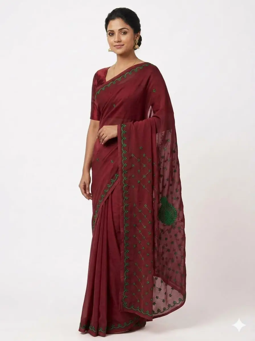 Chikan Embroidered Saree by Lucknow Chikan Factory - marron