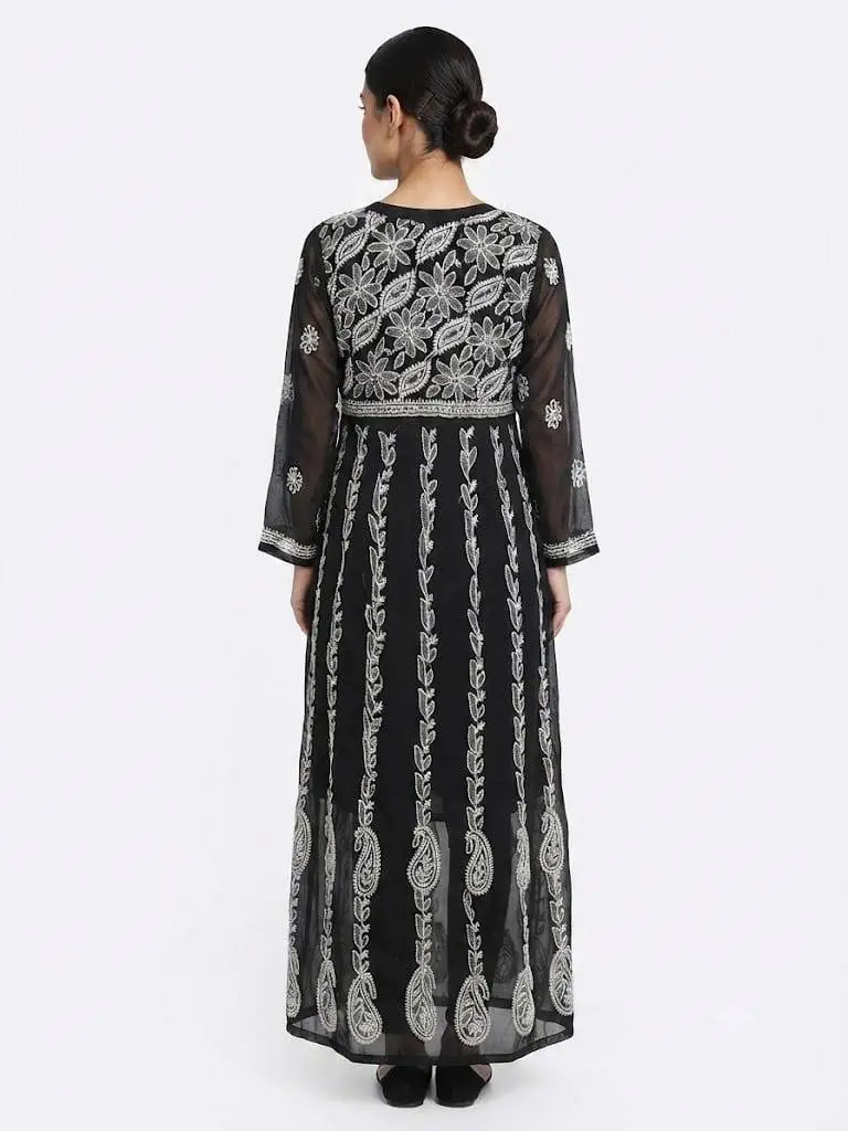 LCF Chiffon Hand Embroidered Chikan Anarkali - Black view 2