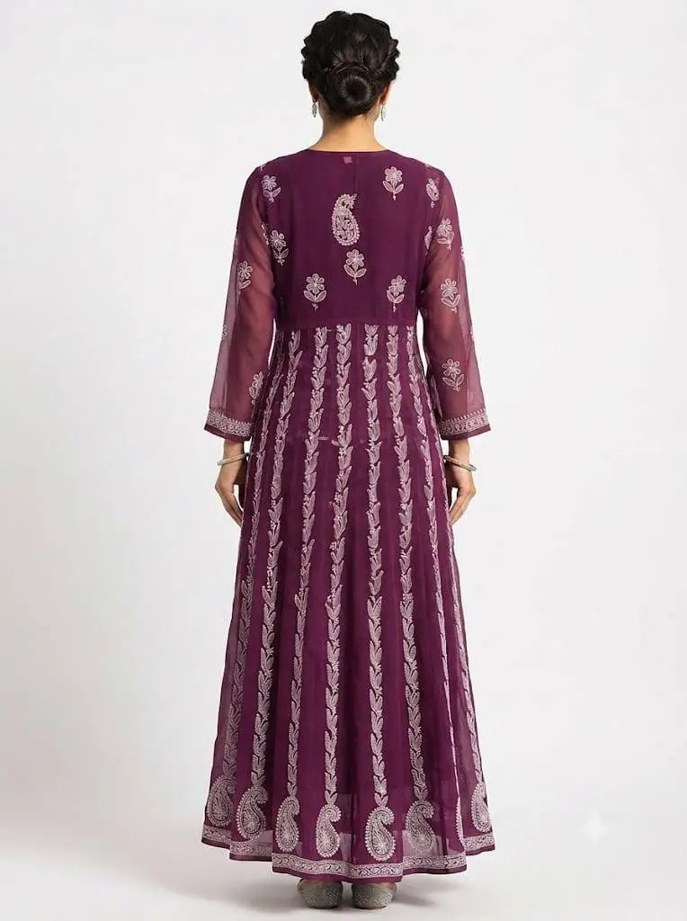 LCF Chiffon Hand Embroidered Chikan Anarkali -  Wine view 2