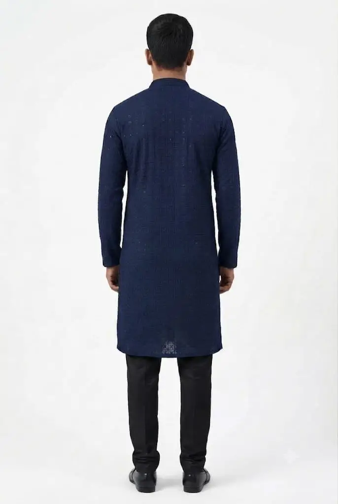 LCF Men's Reyon Chikan Kurta With Computer Hakoba Work - Blue view 2