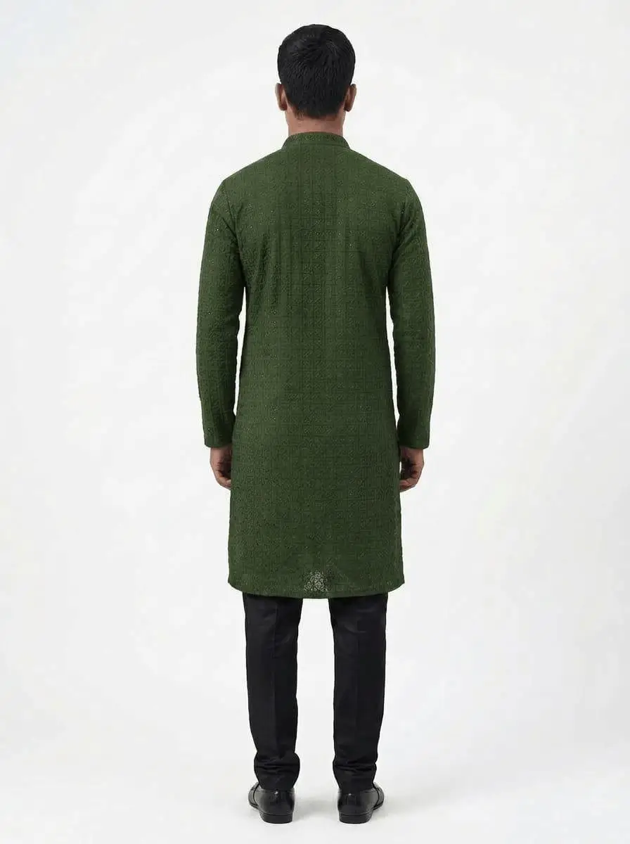 LCF Men's Reyon Chikan Kurta With Computer Hakoba Work - Dark Green view 2