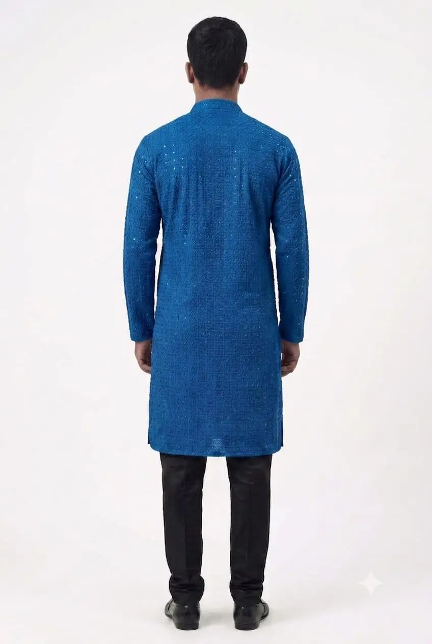 LCF Men's Reyon Chikan Kurta With Computer Hakoba Work - Royal Bue view 2