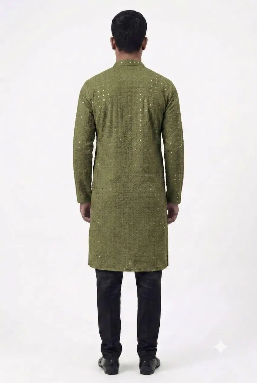 LCF Men's Reyon Chikan Kurta With Computer Hakoba Work - Dark Mehdi green view 2