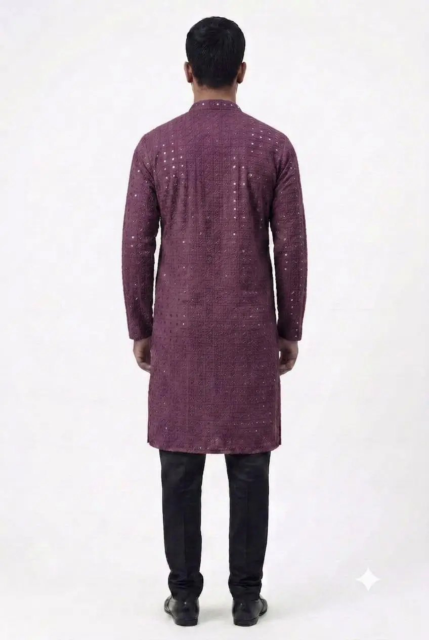 LCF Men's Reyon Chikan Kurta With Computer Hakoba Work - Wine