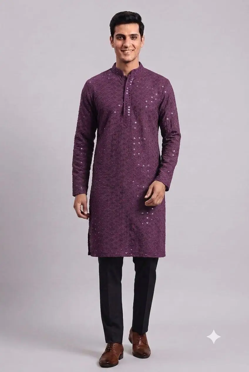 LCF Men's Reyon Chikan Kurta With Computer Hakoba Work - Wine view 2