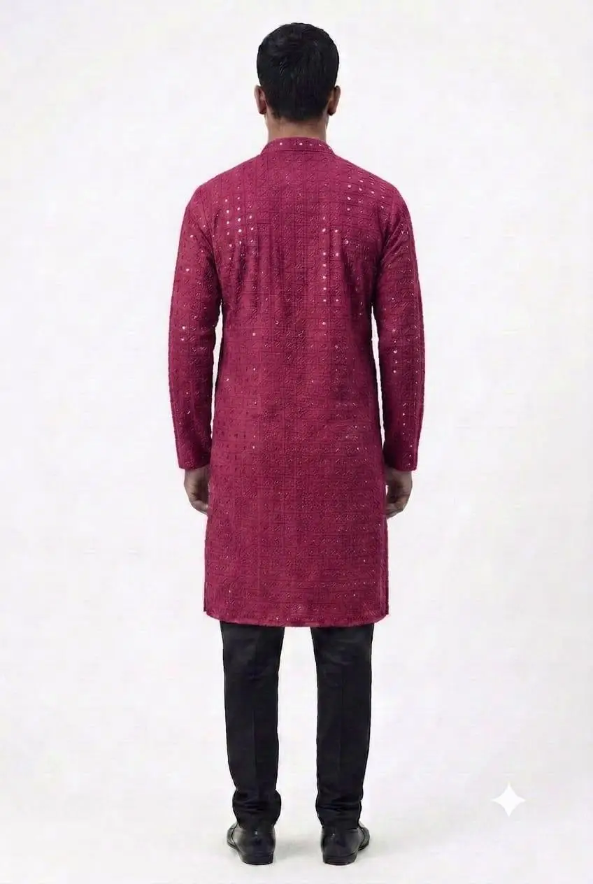 LCF Men's Reyon Chikan Kurta With Computer Hakoba Work - Maroon view 2