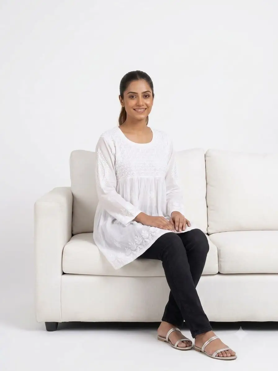 LCF soft cotton short chikankari kurti - White view 2