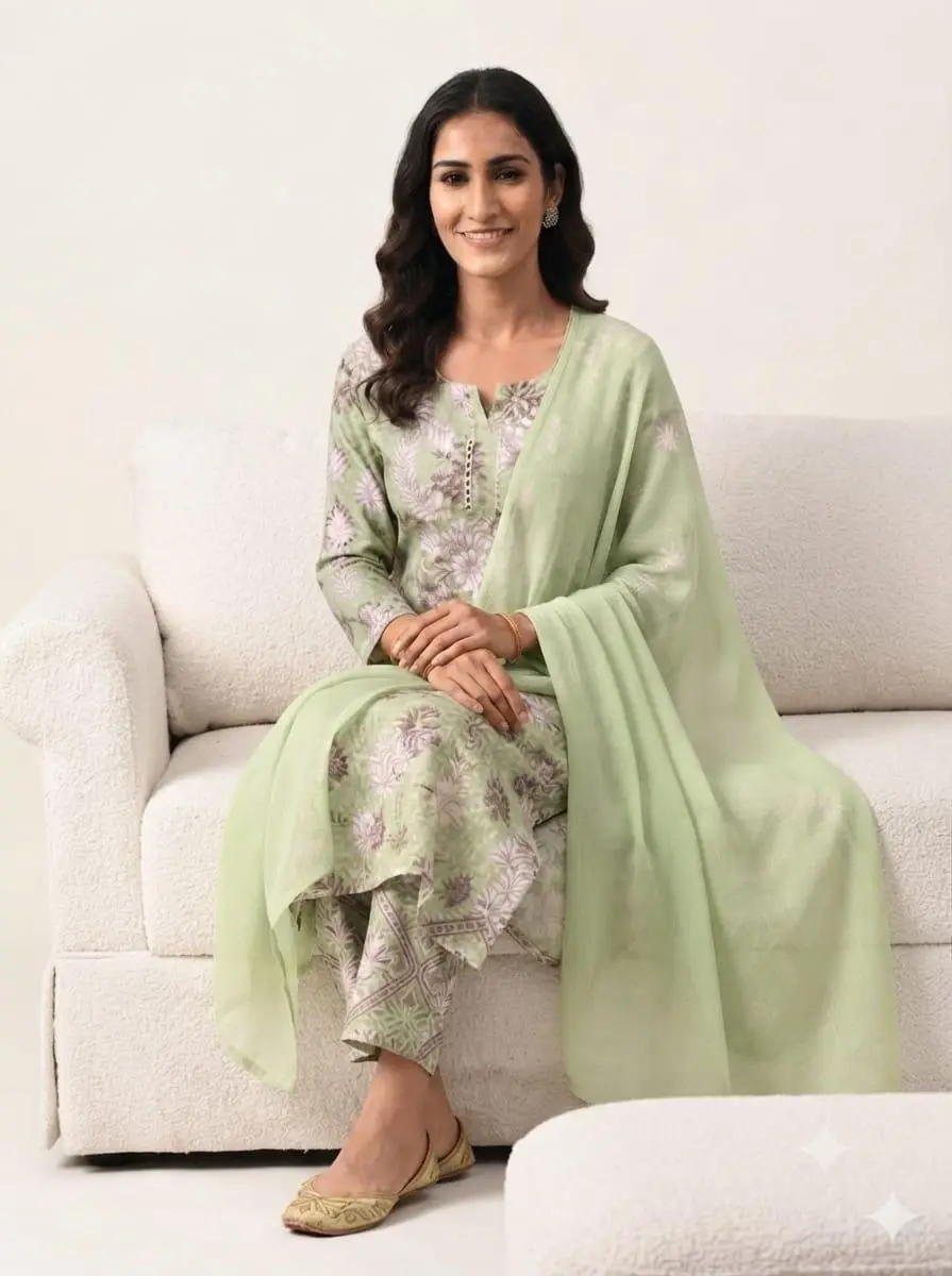 LCF Unstiched Pure Cotton Dress Material with Ghass Patti Work - Green view 2
