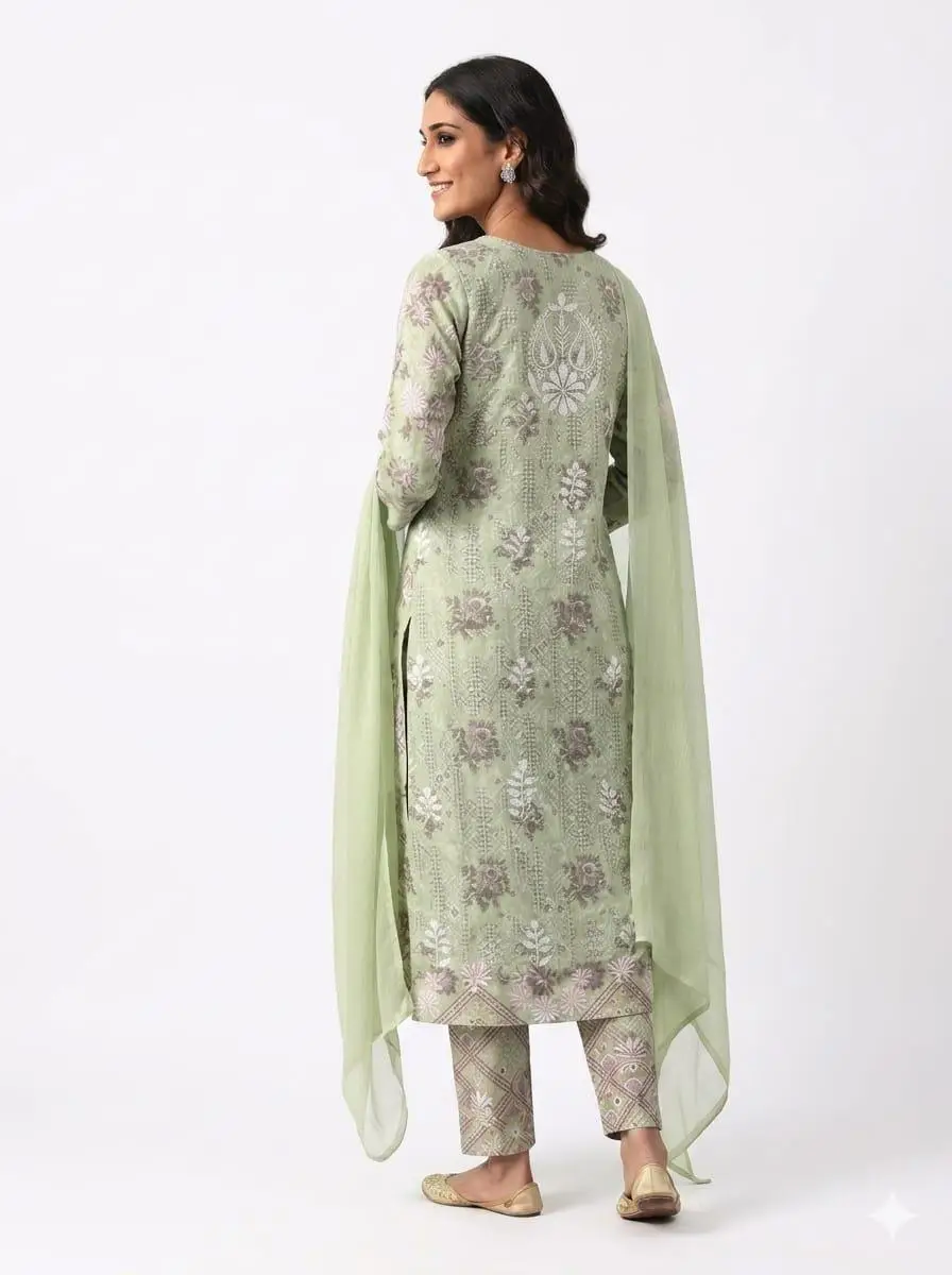 LCF Unstiched Pure Cotton Dress Material with Ghass Patti Work - Green view 3