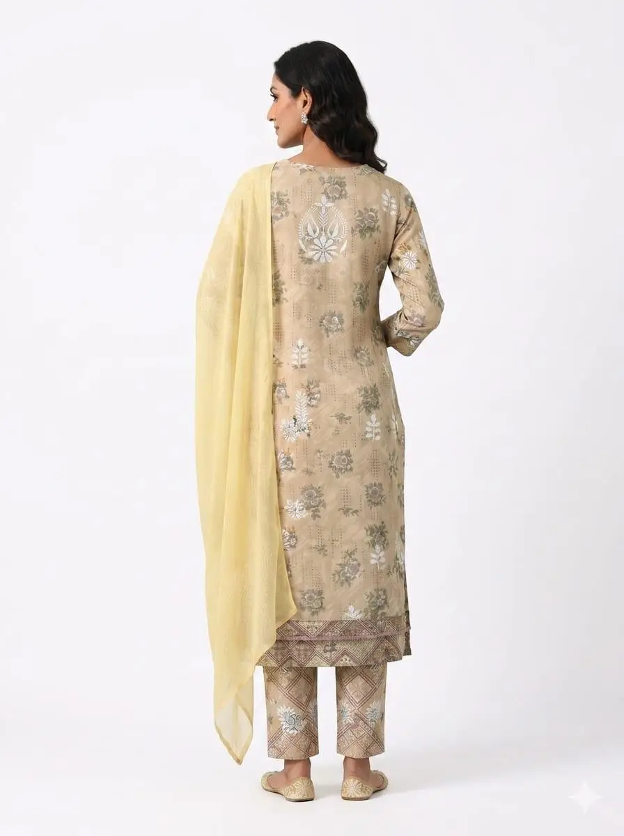 LCF Unstiched Pure Cotton Dress Material with Ghass Patti Work - Yellow view 2