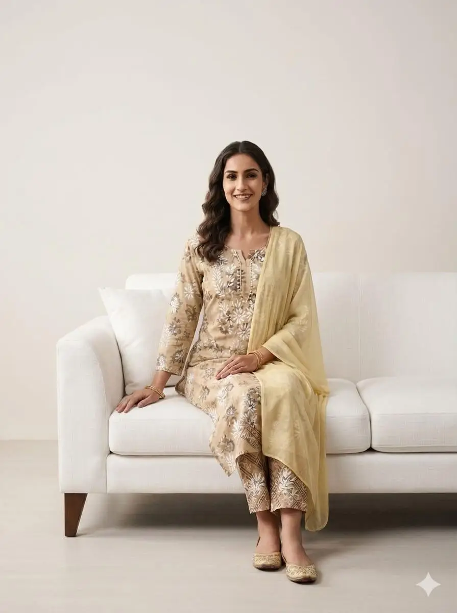 LCF Unstiched Pure Cotton Dress Material with Ghass Patti Work - Yellow view 3