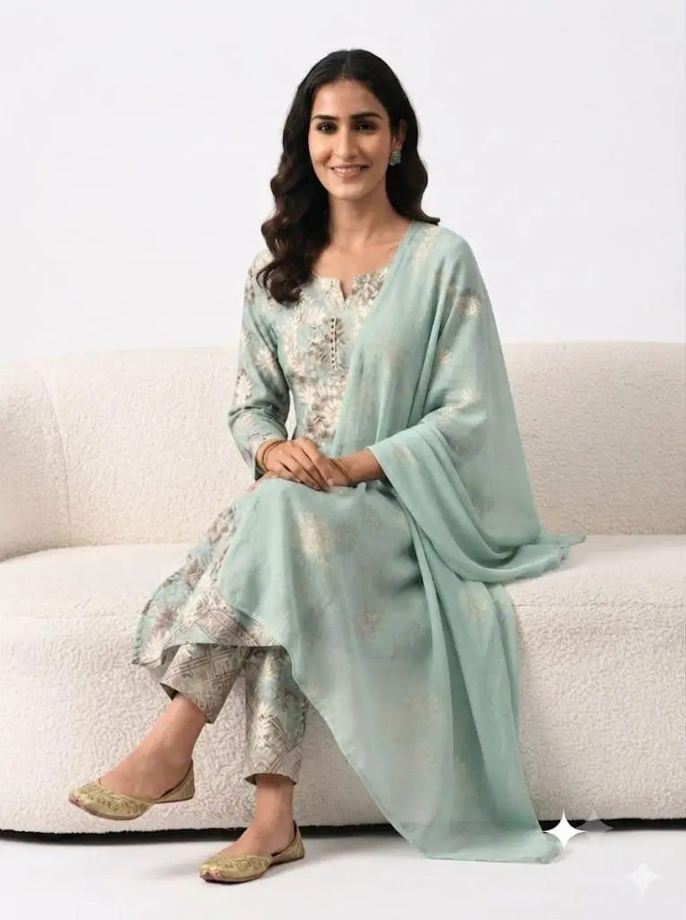 LCF Unstiched Pure Cotton Dress Material with Ghass Patti Work - Mint Green view 3