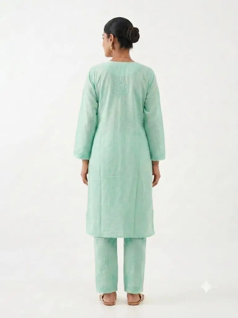LCF Women's Rayon Neck & Booti Ghaas Patti Work Kurti Plazo Set - Mint Green view 2