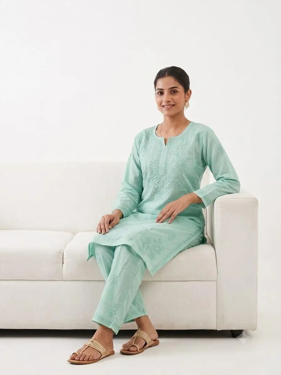 LCF Women's Rayon Neck & Booti Ghaas Patti Work Kurti Plazo Set - Mint Green view 3
