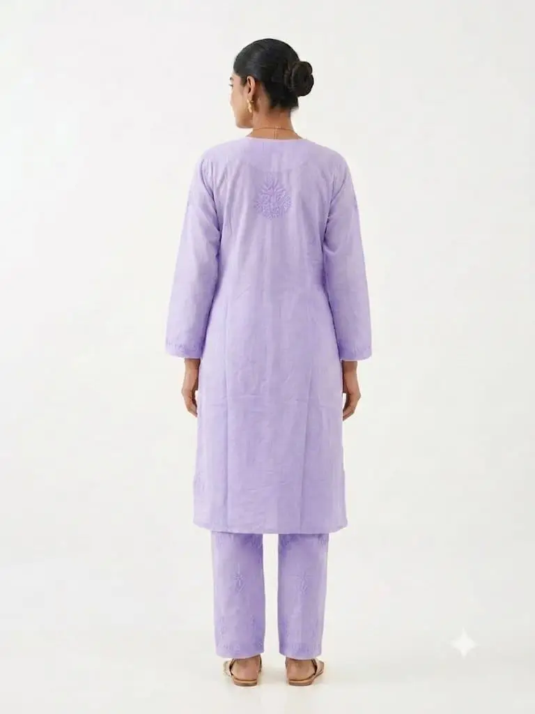 LCF Women's Rayon Neck & Booti Ghaas Patti Work Kurti Plazo Set - Purple view 2