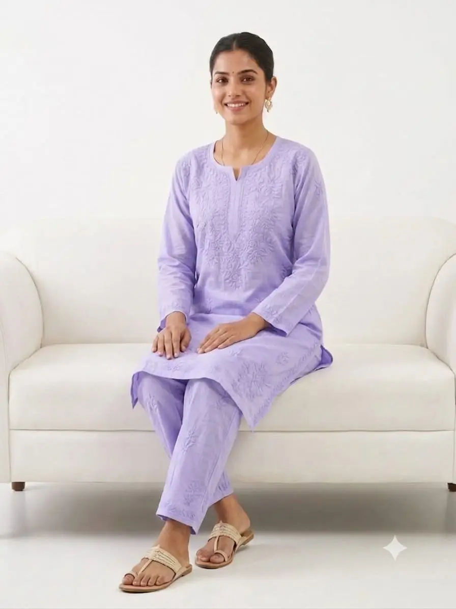 LCF Women's Rayon Neck & Booti Ghaas Patti Work Kurti Plazo Set - Purple view 3