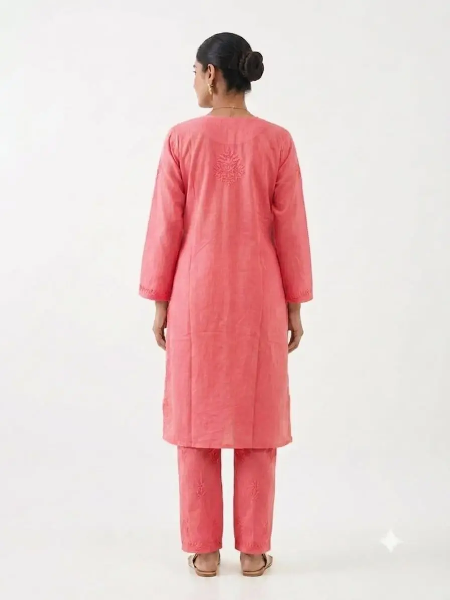 LCF Women's Rayon Neck & Booti Ghaas Patti Work Kurti Plazo Set - Red view 2