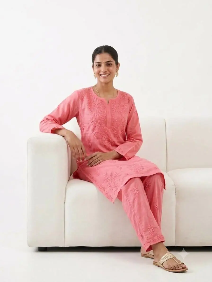 LCF Women's Rayon Neck & Booti Ghaas Patti Work Kurti Plazo Set - Red view 3