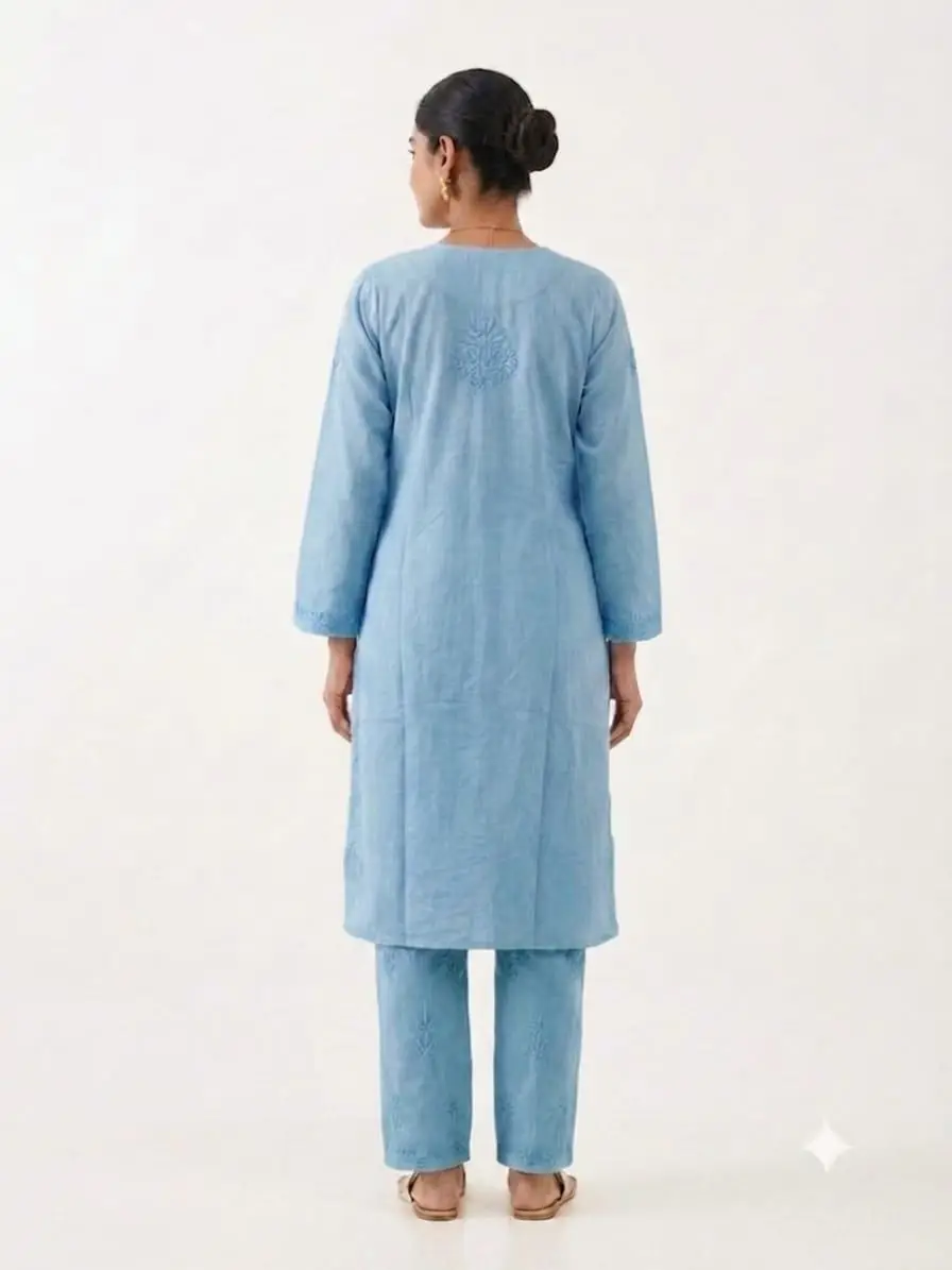 LCF Women's Rayon Neck & Booti Ghaas Patti Work Kurti Plazo Set - Teal view 2