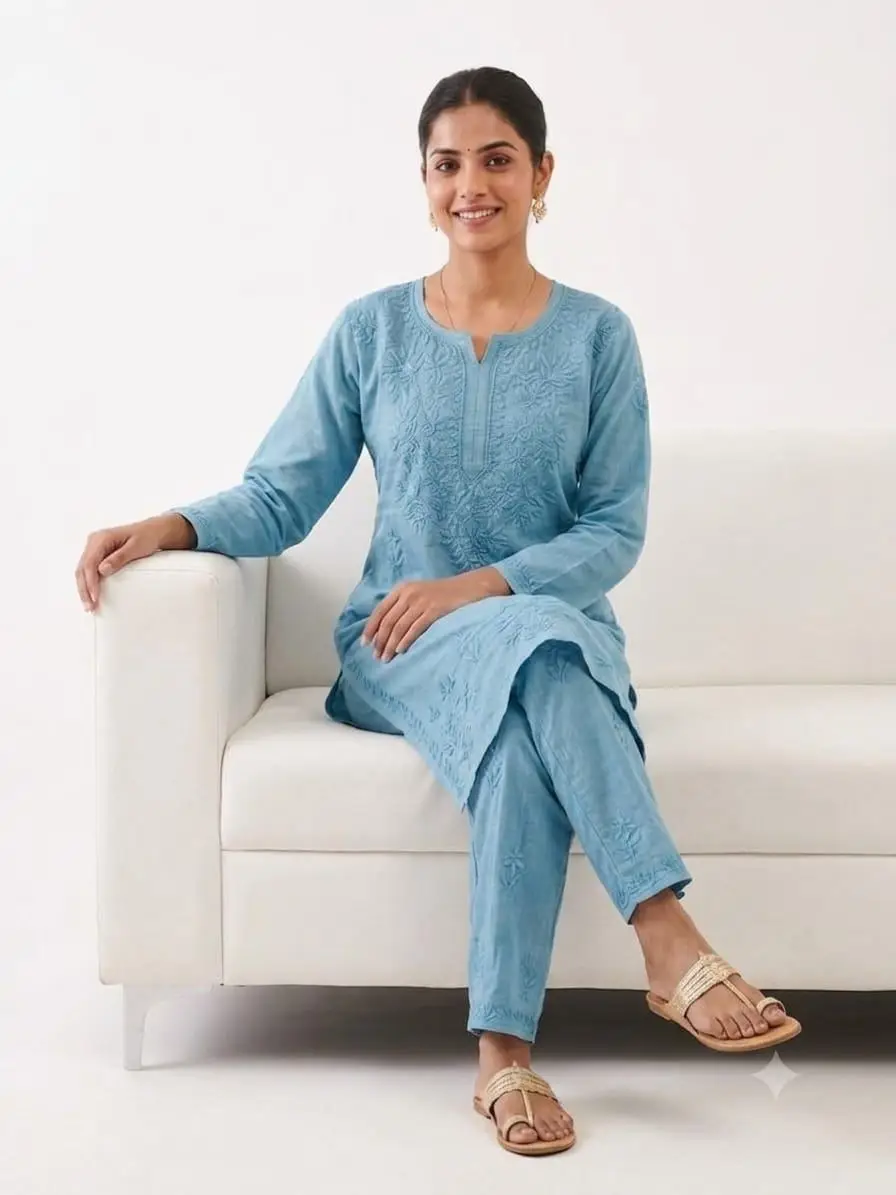 LCF Women's Rayon Neck & Booti Ghaas Patti Work Kurti Plazo Set - Teal view 3
