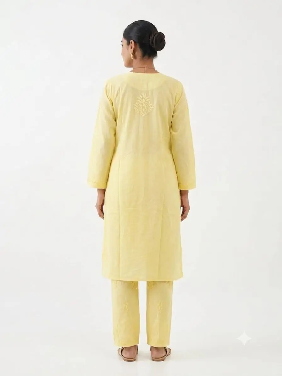LCF Women's Rayon Neck & Booti Ghaas Patti Work Kurti Plazo Set - Yellow view 2