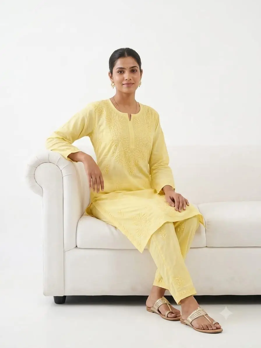LCF Women's Rayon Neck & Booti Ghaas Patti Work Kurti Plazo Set - Yellow view 3