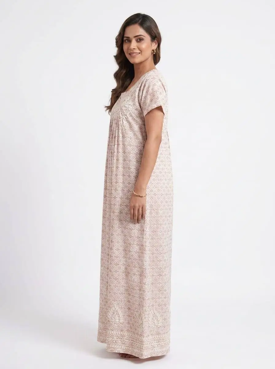 LCF Presents – Women's Printed Cotton Nighty with Ghas Patti Work - Pink view 2