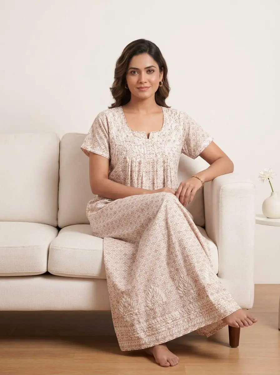 LCF Presents – Women's Printed Cotton Nighty with Ghas Patti Work - Pink view 3