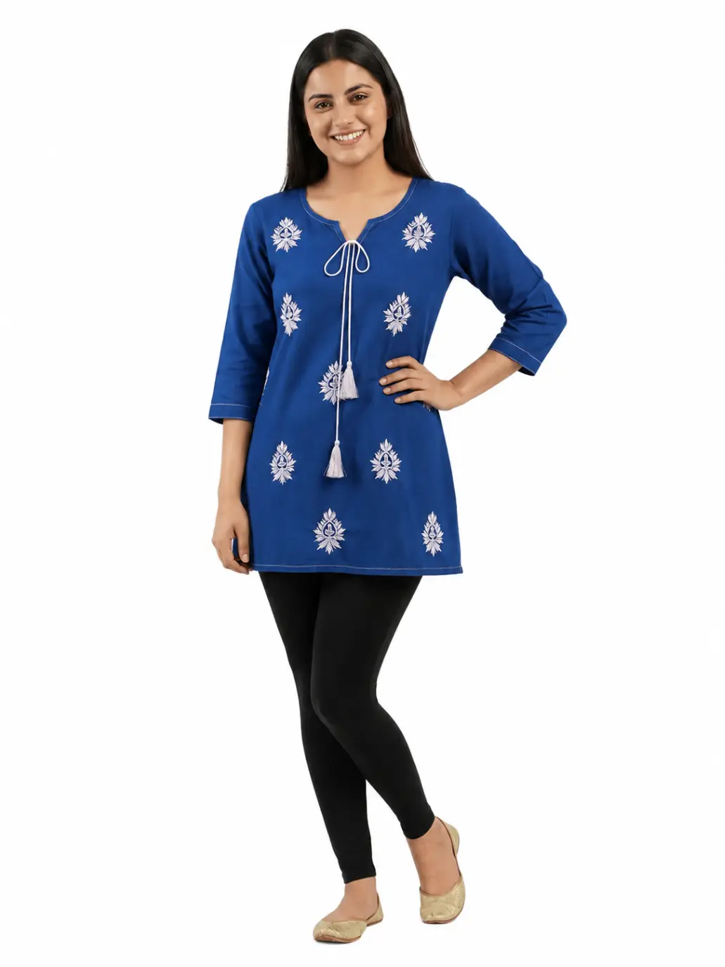 LCF Hand Embroidered Chikan Short Kurti - ROYAL BLUE view 2