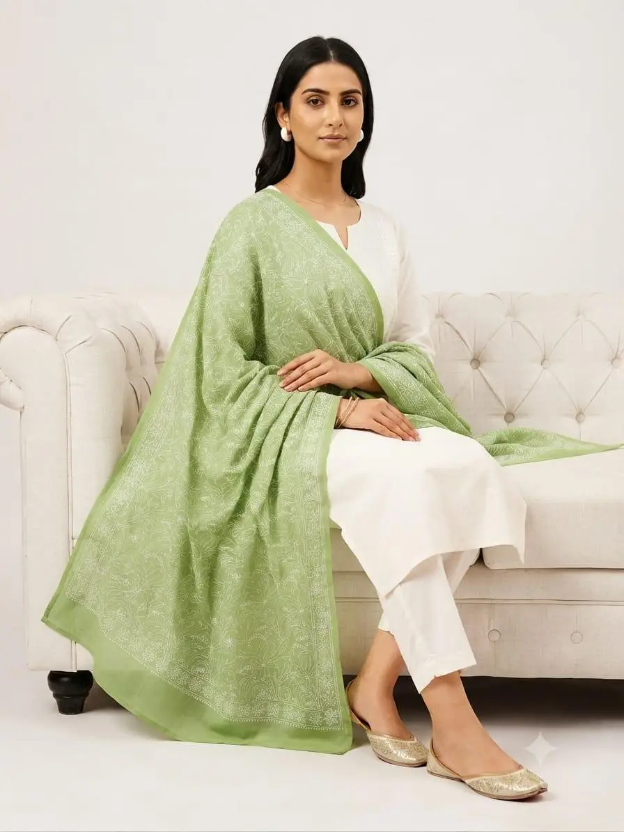 LCF CHIKAN  EMBROIDERED DUPATTA - GREEN view 2