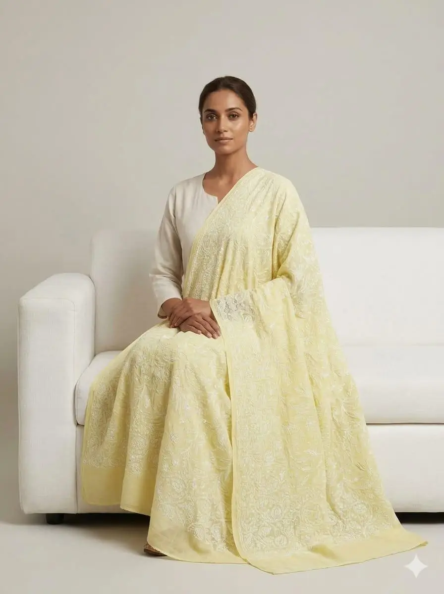 LCF CHIKAN EMBROIDERED DUPATTA - YELLOW