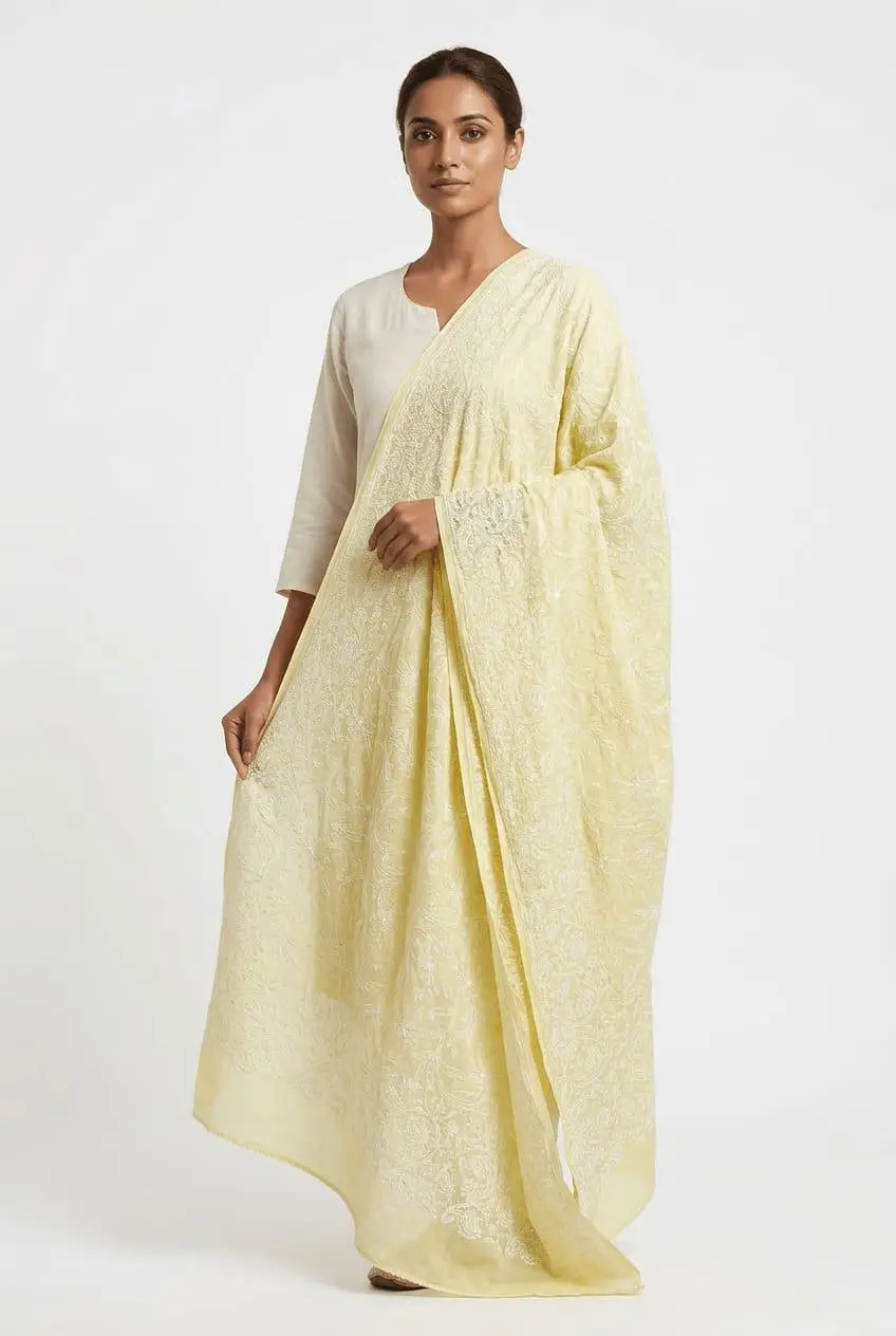 LCF CHIKAN EMBROIDERED DUPATTA - YELLOW view 2