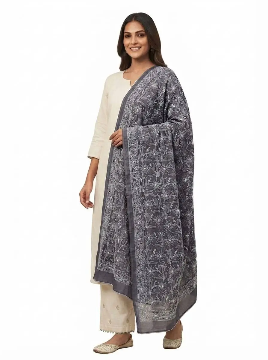 LCF CHIKAN EMBROIDERED DUPATTA - DARK GREY