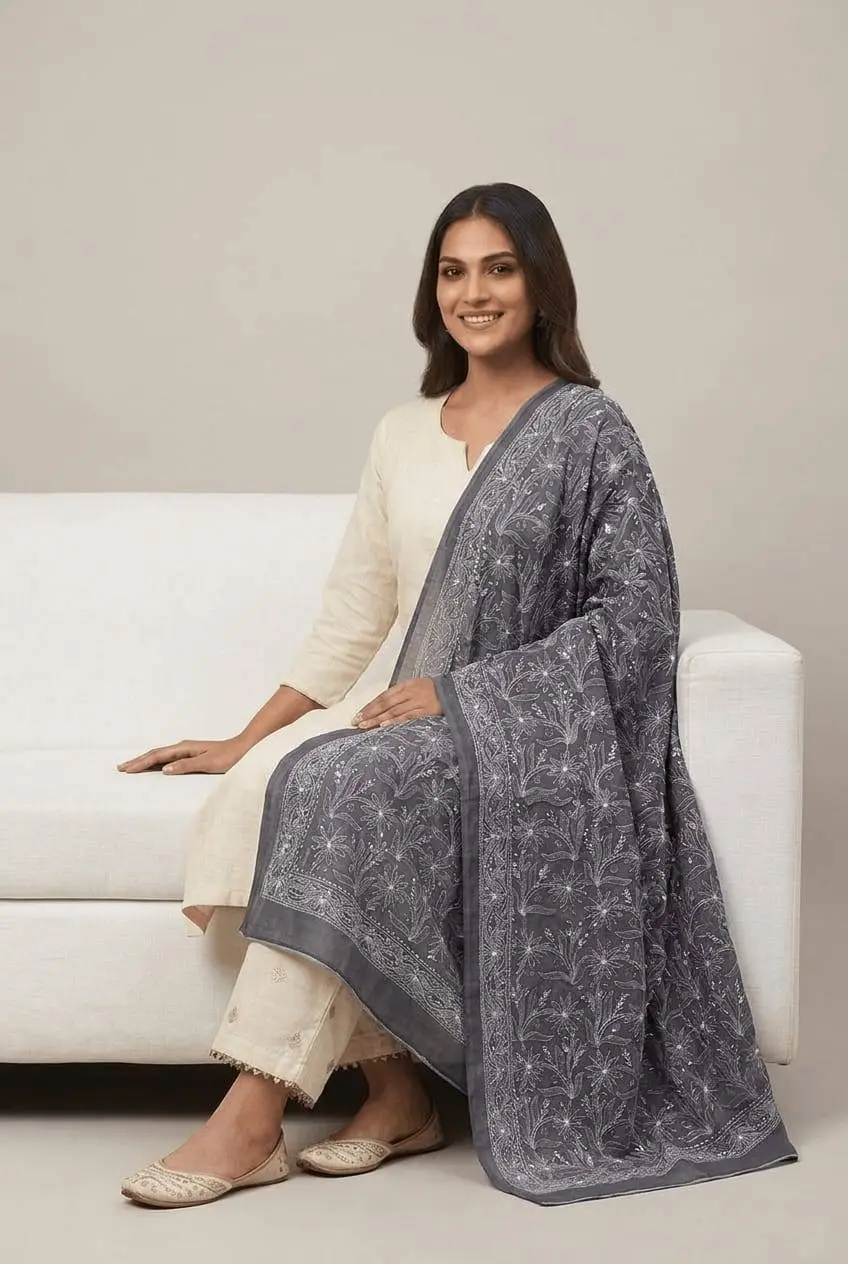 LCF CHIKAN EMBROIDERED DUPATTA - DARK GREY view 2