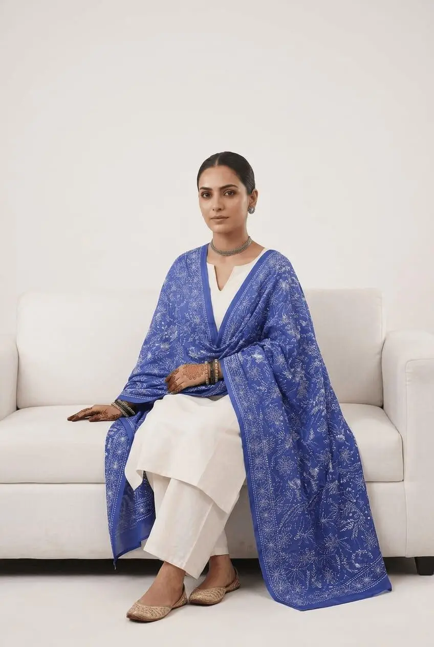 LCF CHIKAN EMBROIDERED DUPATTA - ROYAL BLUE view 2