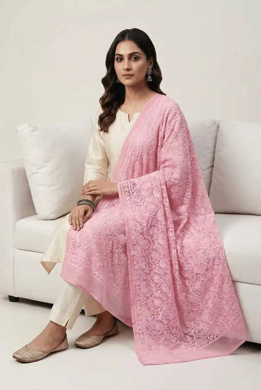 LCF CHIKAN EMBROIDERED DUPATTA - PINK view 2