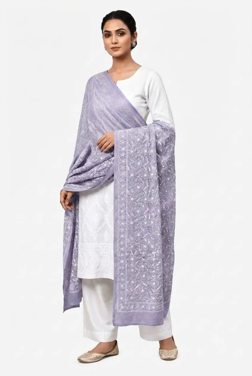 LCF CHIKAN EMBROIDERED DUPATTA - LAVENDER
