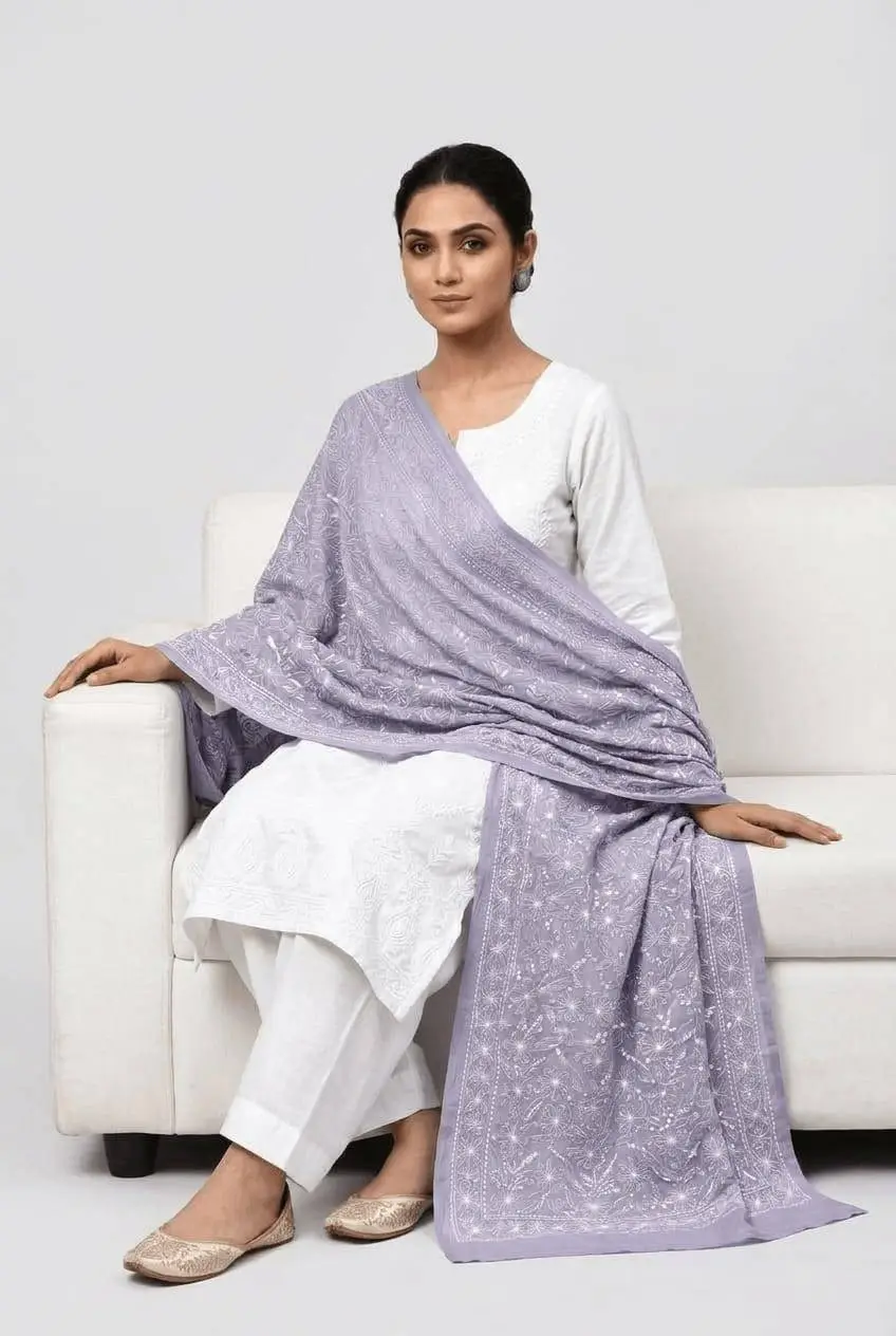 LCF CHIKAN EMBROIDERED DUPATTA - LAVENDER view 2